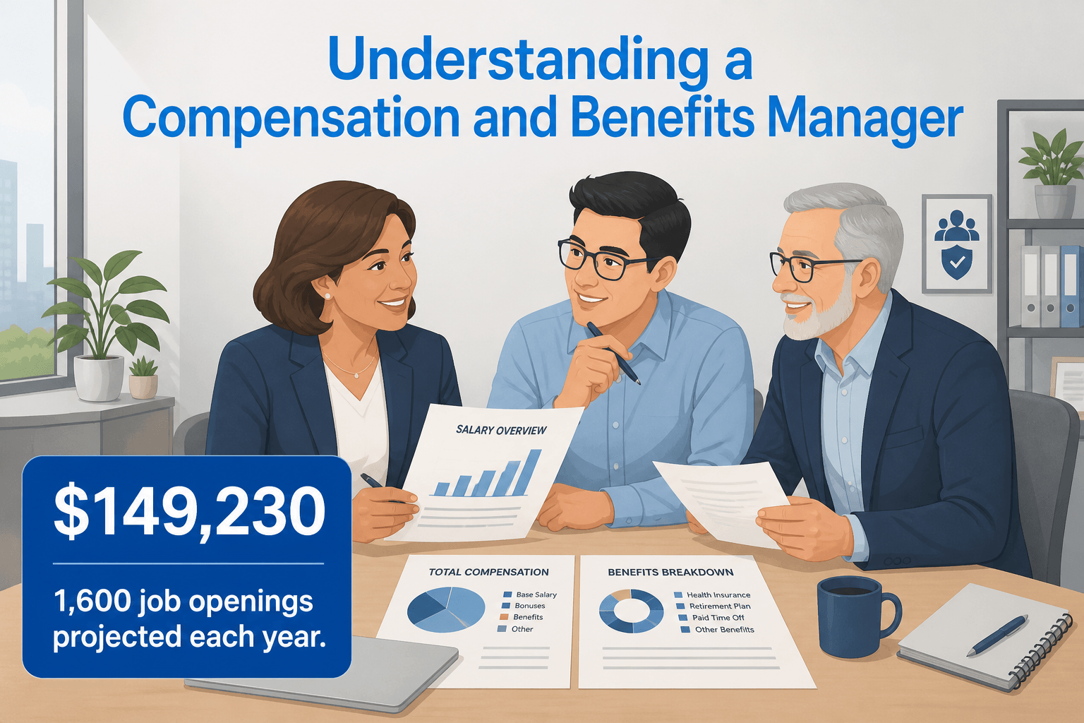Three diverse professionals discussing documents and charts on salary and benefits in a soft office 