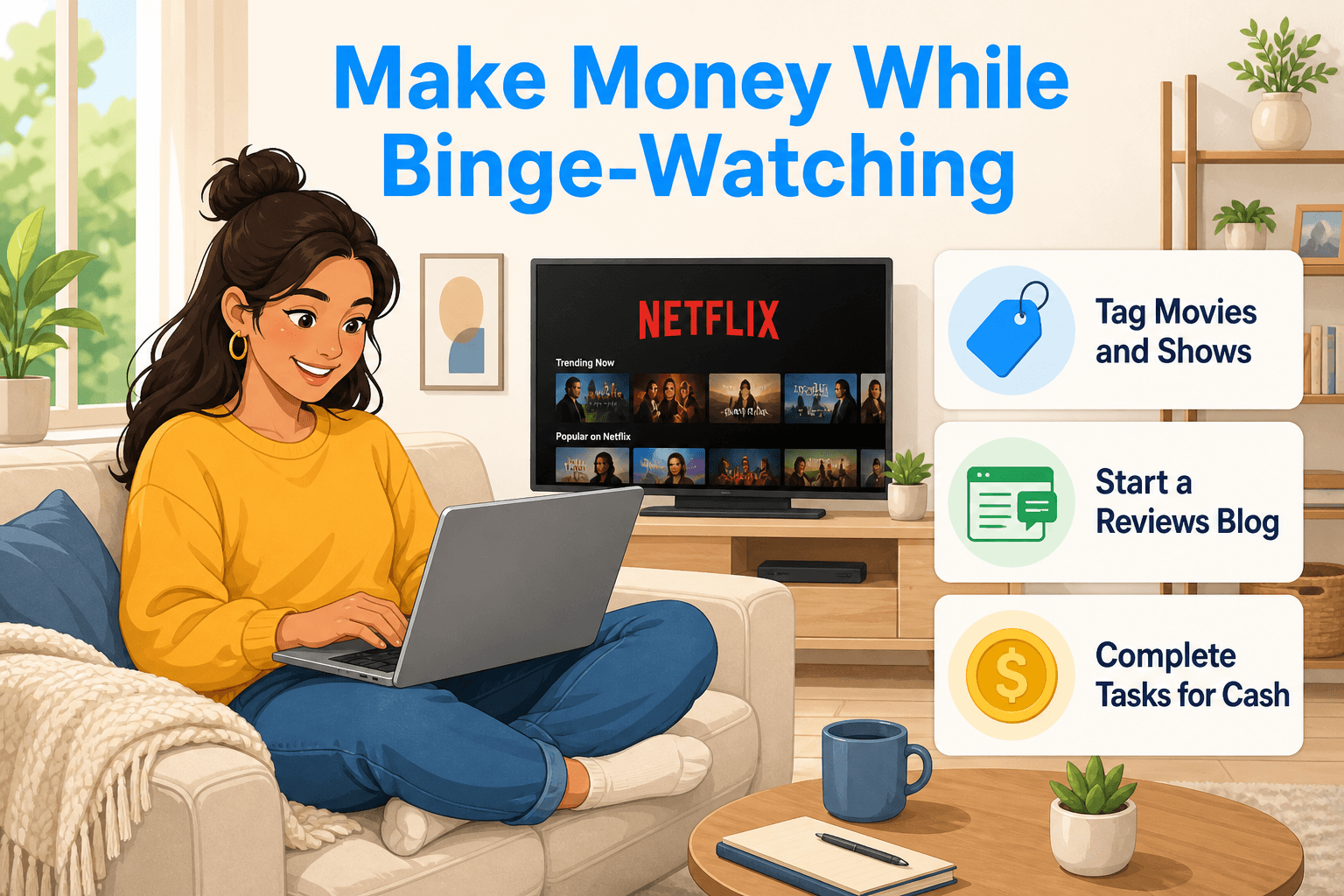 Cozy living room with a diverse person on a sofa, using a laptop while watching Netflix on TV