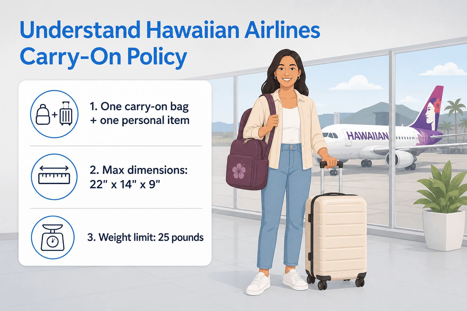 Diverse traveler in an airport holding a carry-on bag and backpack with an airplane in the backgroun