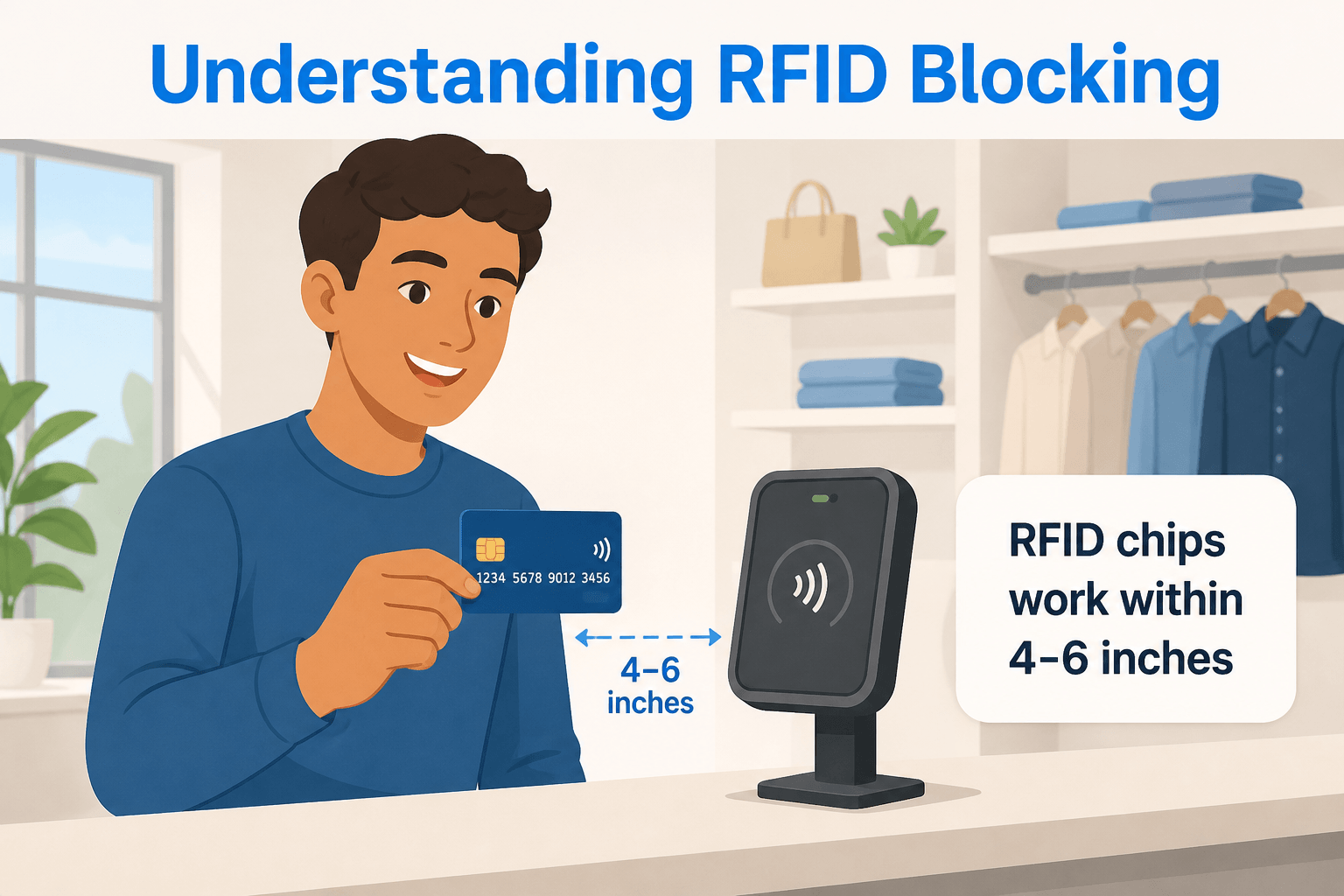 Diverse young adult smiling, holding a credit card near an RFID reader in a modern retail setting