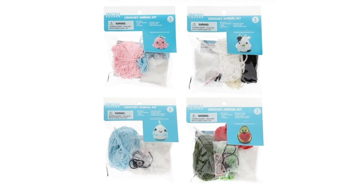 Dollar Tree Crafters Square Crochet Kit, Assorted Animals And Fruit.