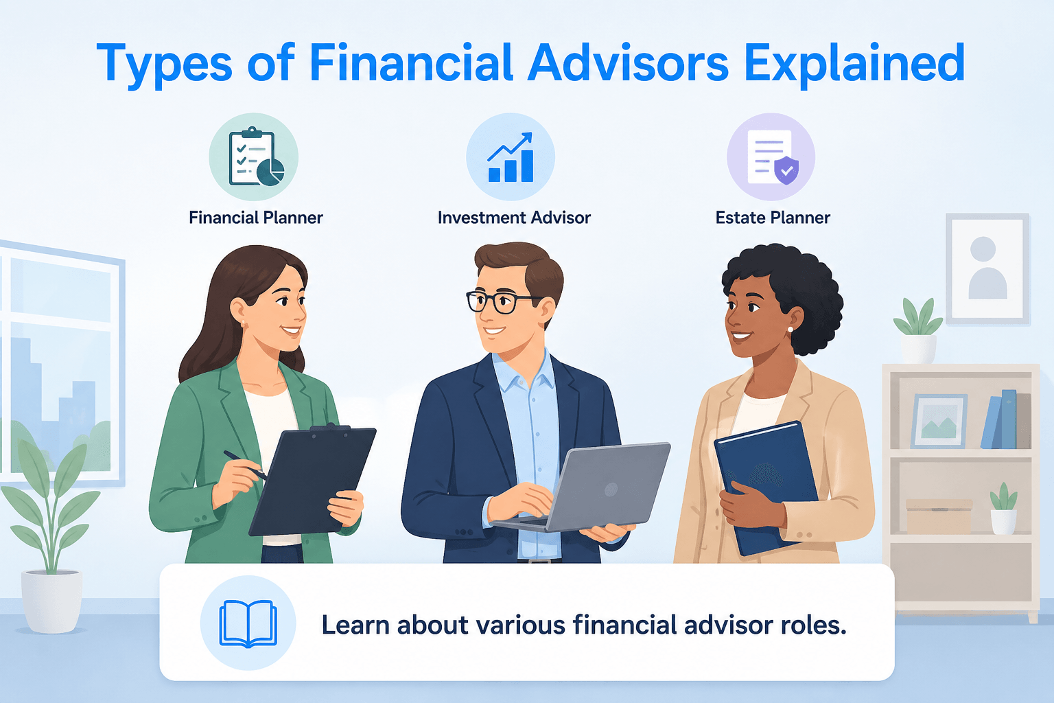 Diverse group of three financial advisors in a casual office, engaging with friendly expressions