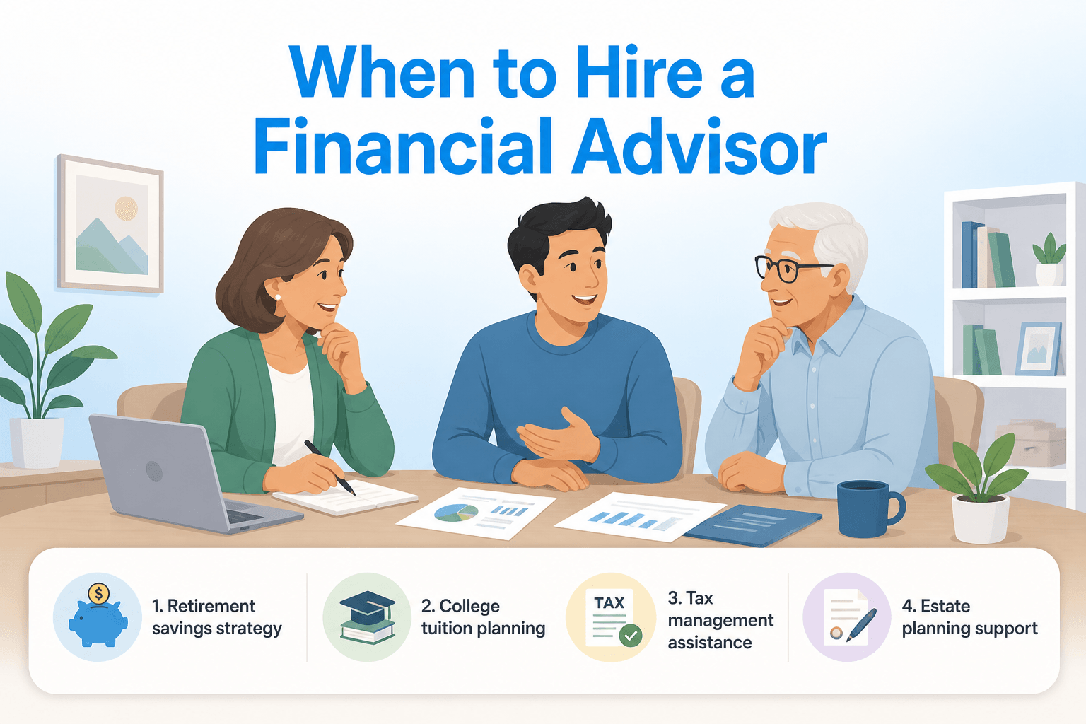 Three diverse individuals at a table discussing financial documents in a soft daylight setting