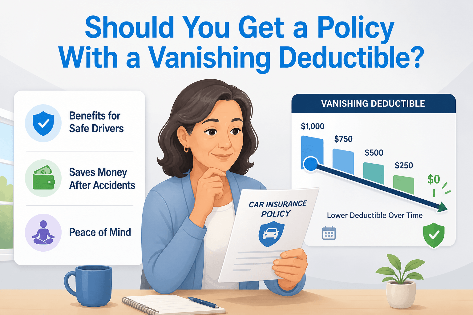 Diverse middle-aged woman examines a car insurance policy with a vanishing deductible scale nearby