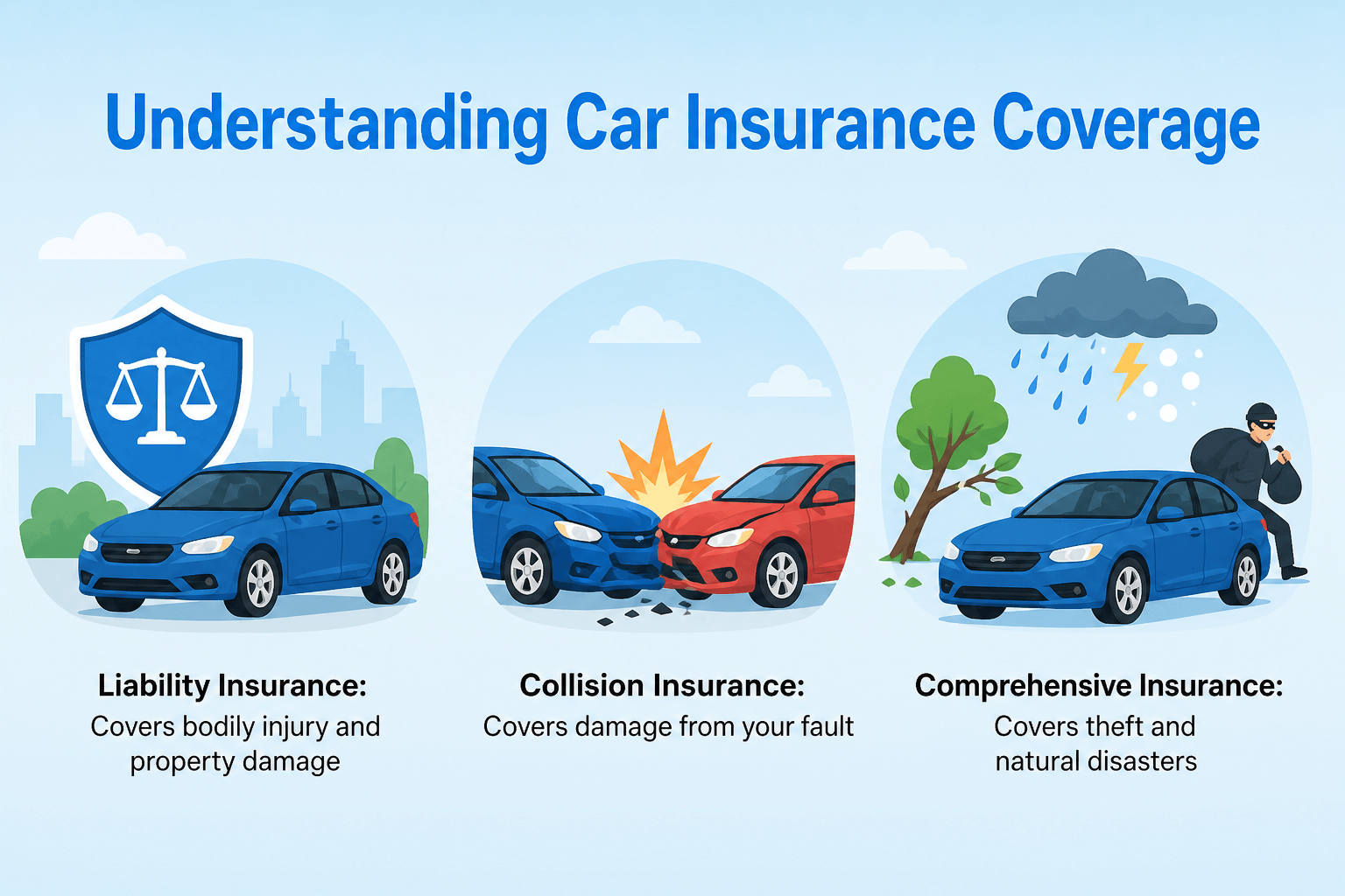 Three car icons represent liability, collision, and comprehensive insurance with descriptive labels 