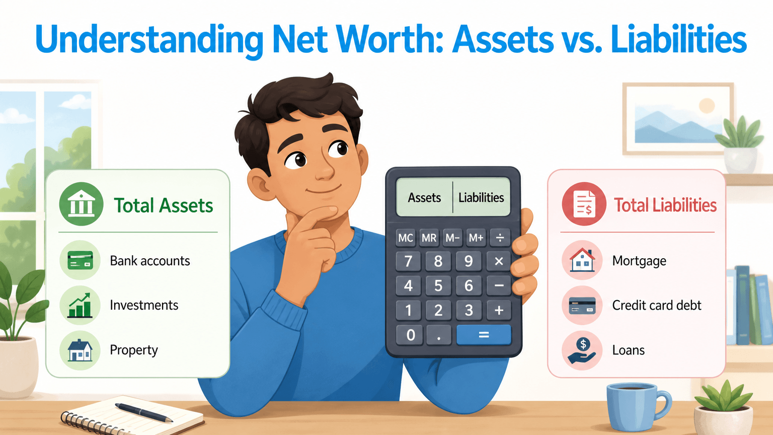 Diverse person with a calculator, displaying Assets and Liabilities with minimal callout boxes