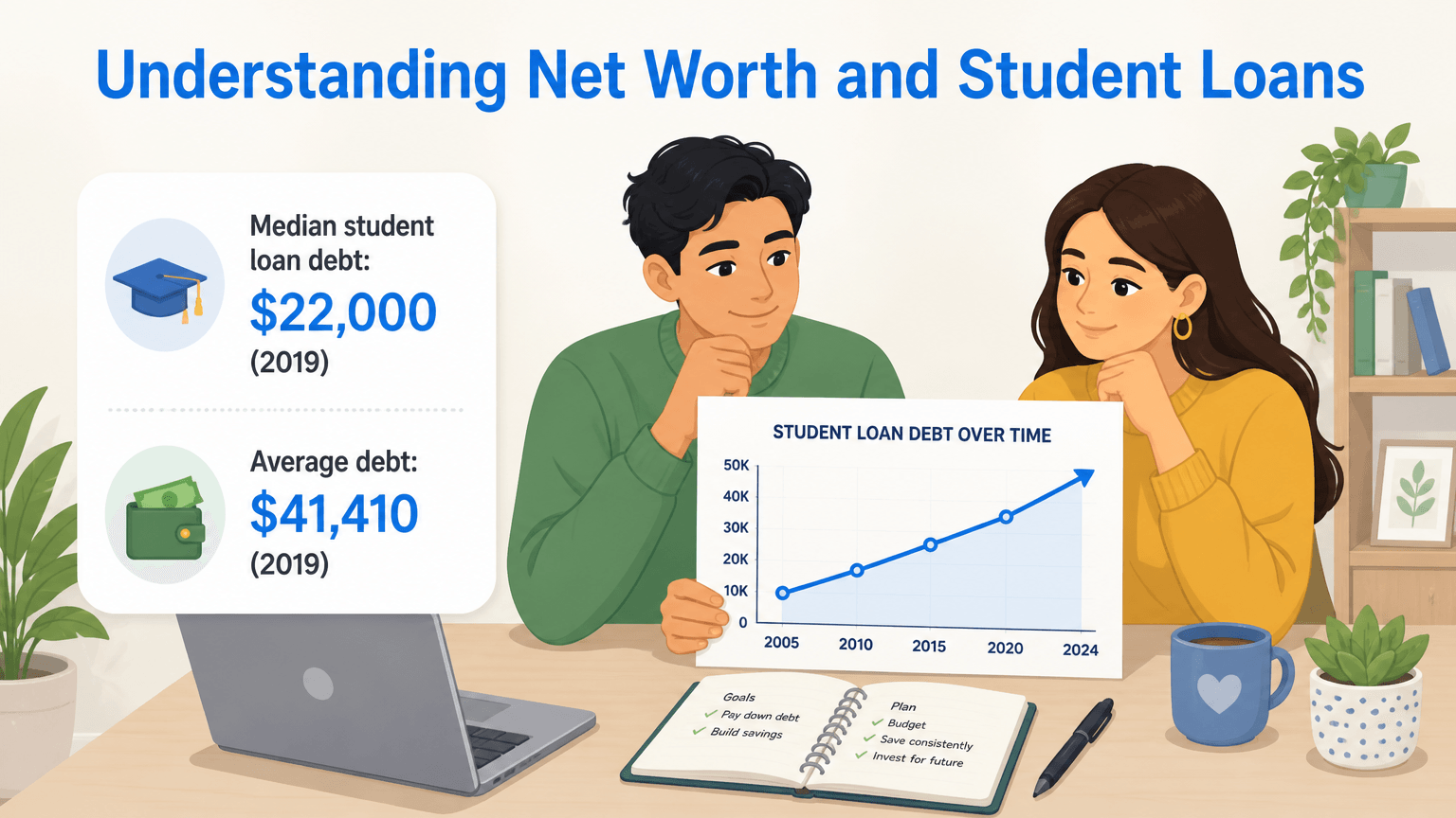 Diverse young couple reviewing finances with a laptop and notebook, chart showing rising student loa