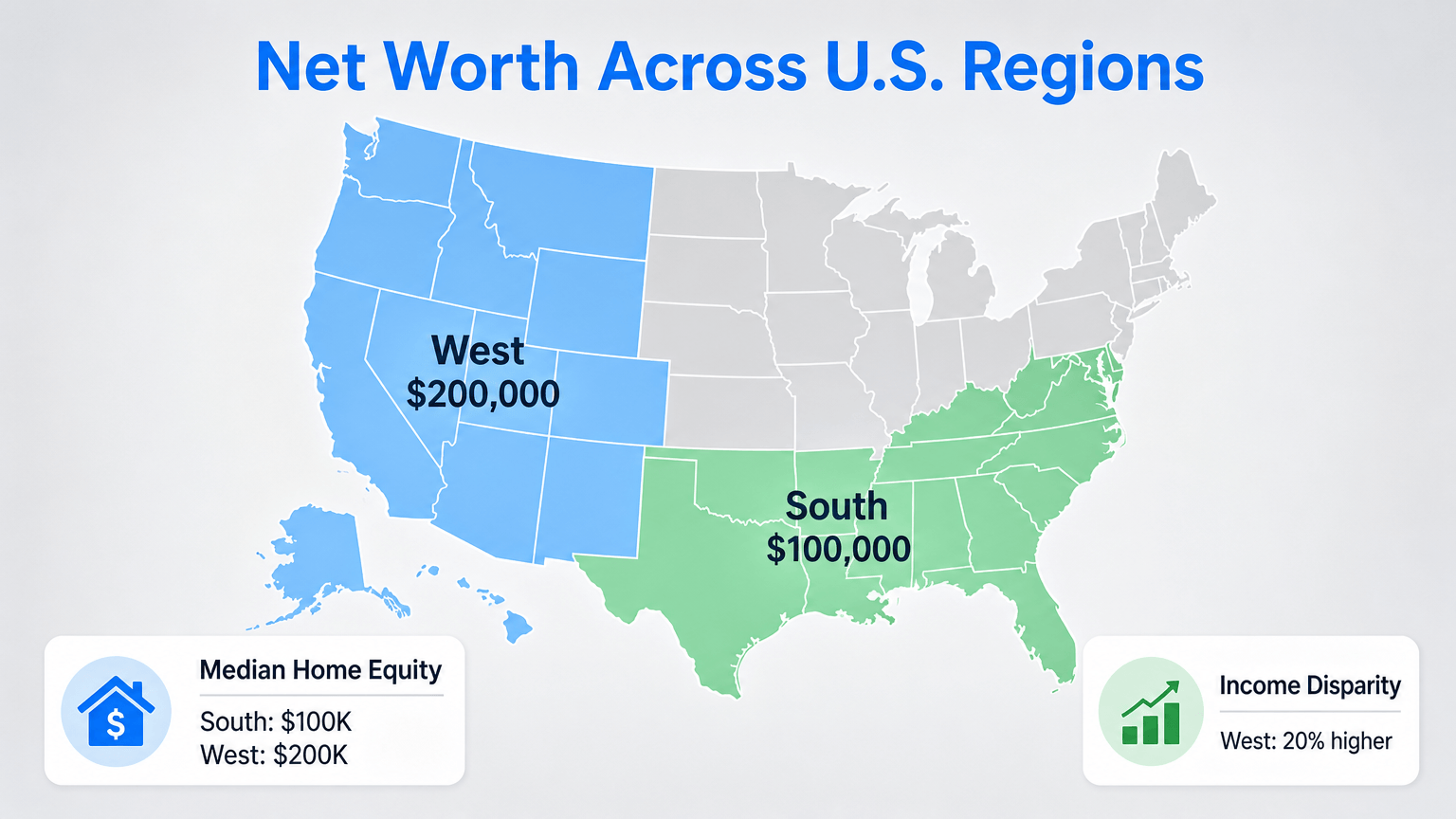 Divided U.S. map highlighting South and West regions with median home equity amounts and text cards