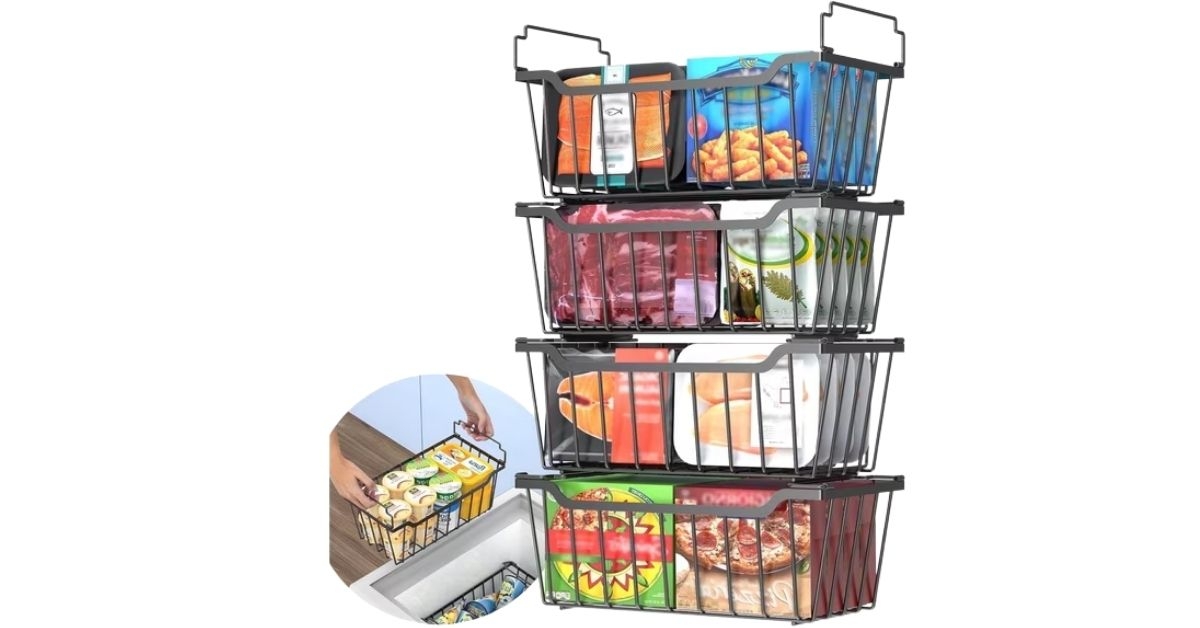 SUNALLY Freezer Organizer Bins 4 Pack, Stackable Freezer Baskets with Foldable Handle for 3.5-7 Cu.FT Deep Chest Freezer Organization, Coated Metal Storage Bins Black