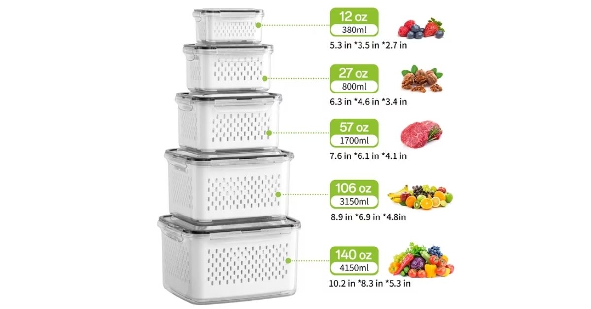 TINANA 5 Pack Produce Saver Containers for Fridge 12-140oz Airtight Food Storage with Removable Colander, Stackable Vegetable & Fruit Keeper Bins