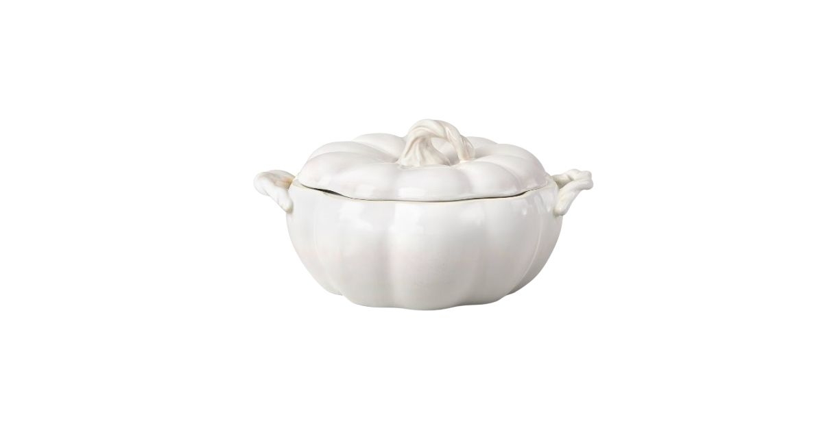 112oz Stoneware Large Pumpkin Baking Dish with Lid and Handle Cream