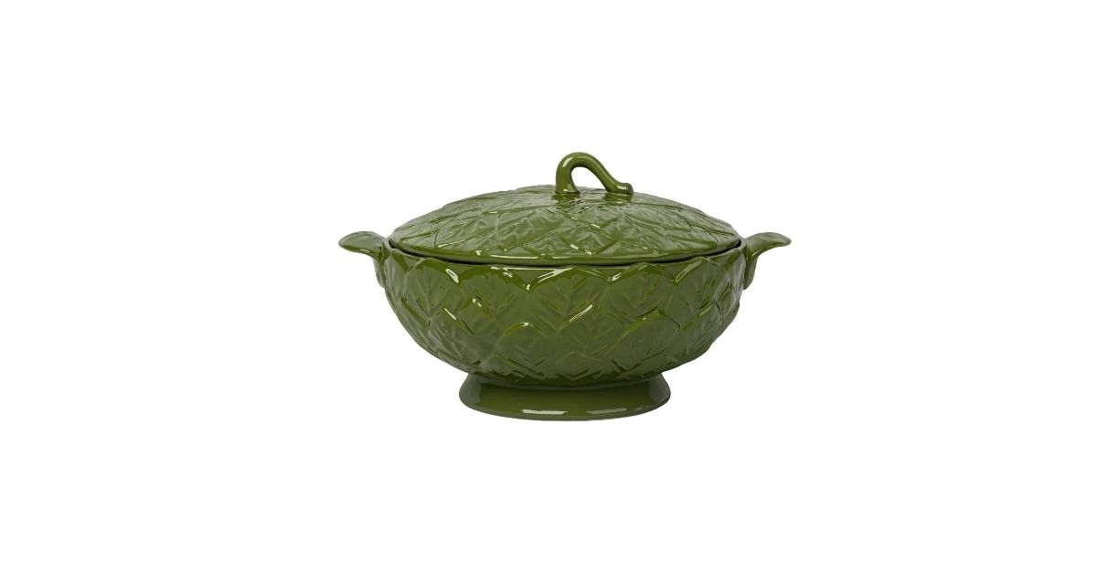 112oz Stoneware Layered Leaf Tureen Open Baking Dish Dark Green
