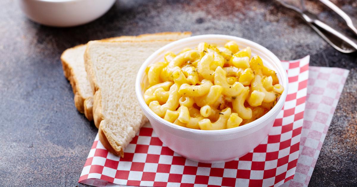 mac and cheese in a foam bowl