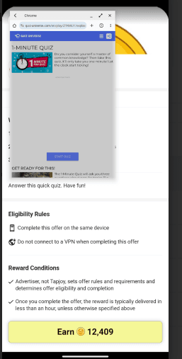 1 minute quiz and eligibility rules shown on the Lucky Day app.