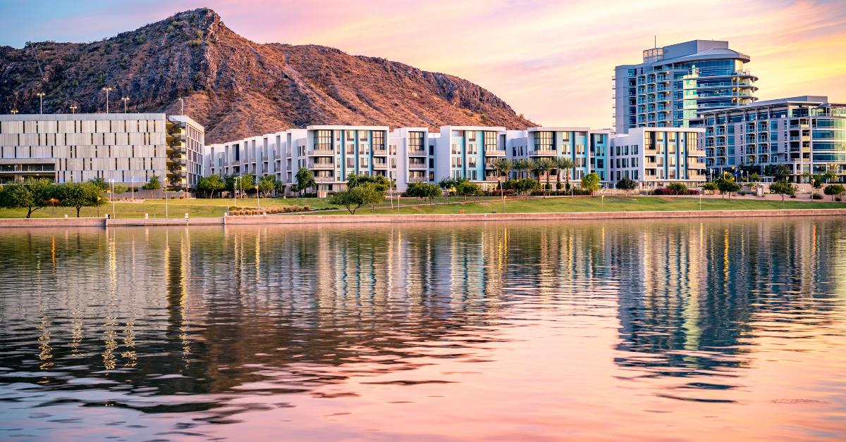 tempe town lake glistening at sunset