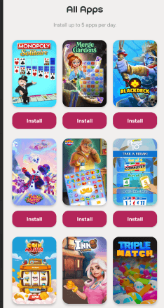 Nine games are featured in the All Apps section on Rewarded Play with the "Install" button below each one.