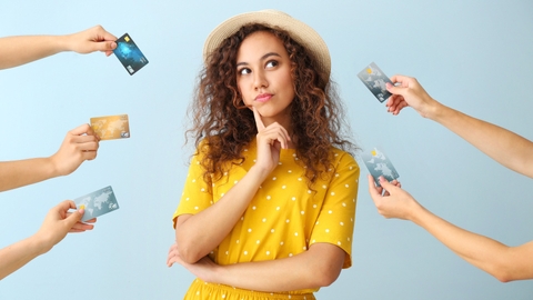 woman and hands with credit cards