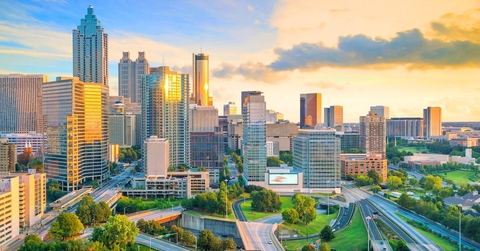 The downtown Atlanta skyline at sunrise. 