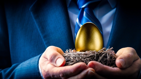 A person holding a golden egg in a nest
