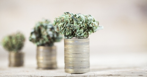Business concept medical cannabis, marijuana on stack of coins 