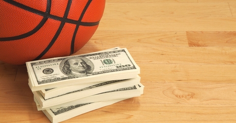 Basketball and one hundred dollar bills on wooden court floor 