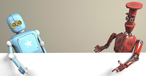 Blue and red robots pointing