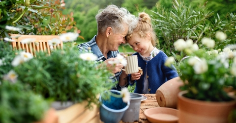 Senior grandmother with small granddaughter gardening on balcony