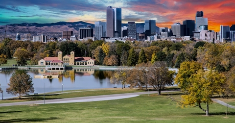Denver Skyline and Mountains Beyond Lake