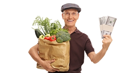 elderly man groceries and money