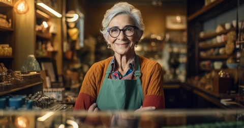 Thoughtful senior female standing at her shop is smiling at camera