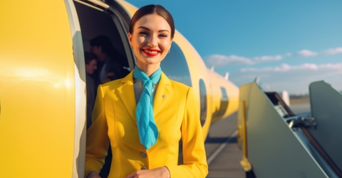 air hostess smiling at airplane entrance