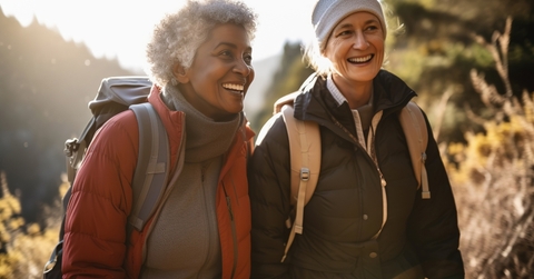 lesbian couple hiking outdoors