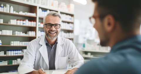 male pharmacist prescribing medicines to patient