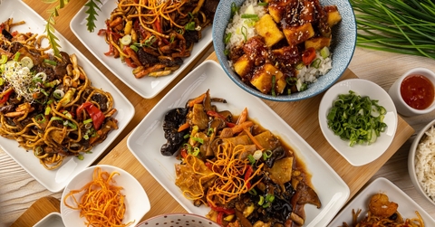 delicious chinese food on wooden table