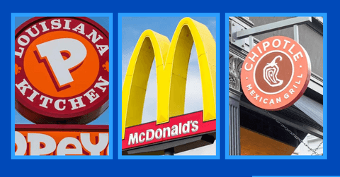 three fast food signs: popeyes, mcdonalds, chipotle