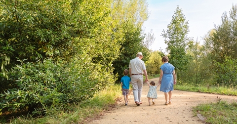 Grandparents and grandchildren walking outdoors