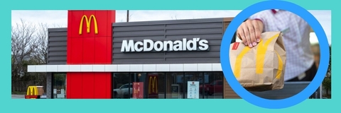A collage of a McDonald&#x27;s and a hand holding the restaurant&#x27;s paper bag