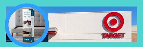 A collage of the Target store and a mattress