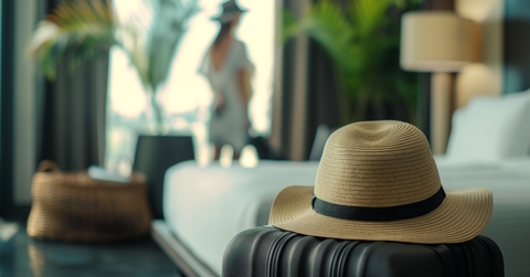 sun hat and suitcase in hotel room
