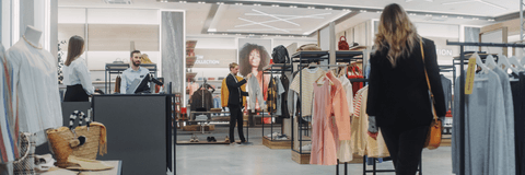 Costumers shopping, buying clothes and merchandise at checkout counter