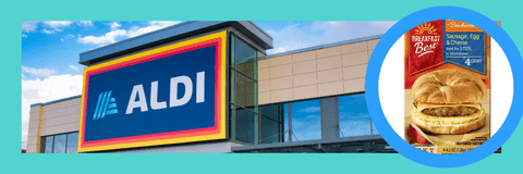 Aldi storefront and breakfast sandwich