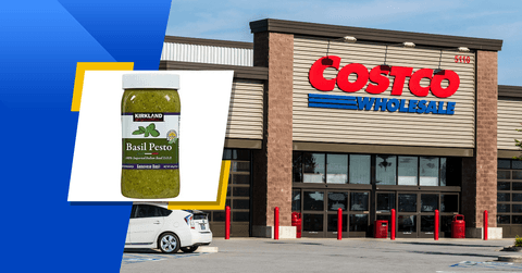Kirkland Signature Basil Pesto with Costco storefront