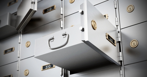 Bank deposit boxes with some open drawers