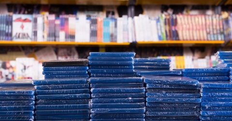 Stacks of new DVDs in store
