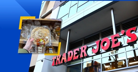 trader joe&#x27;s exterior logo and featured product