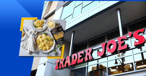 Collage of Trader Joe&#x27;s store front and Cacio e Pepe Ravioli plate and product