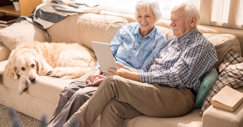 portrait of modern senior couple using laptop