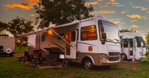 Sun going down at the Rv park with lights on the motor home  