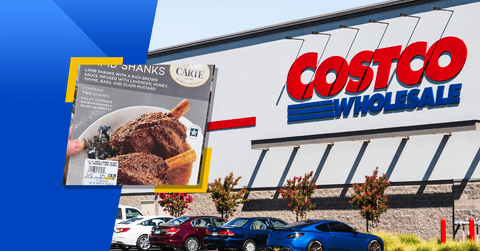 Collage of Costco store front and Lamb Shanks meal box 