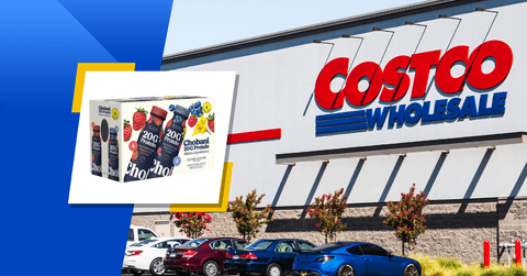 photo collage of Costco store front and Chobani yogurt